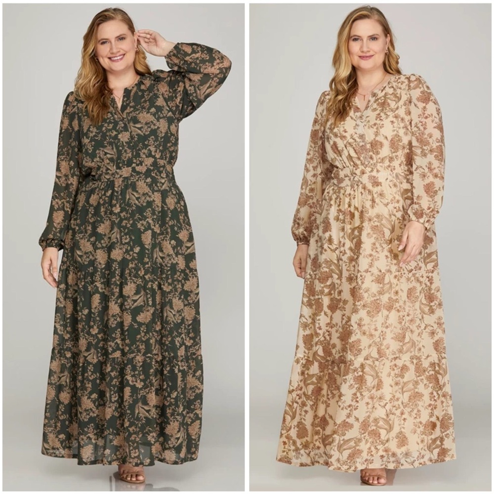 She + Sky Sea Green and Tan Tiered Ruffled Gown Maxi Dress